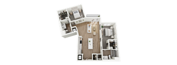 A 3D floor plan of a house with a kitchen, living room, and bathroom.