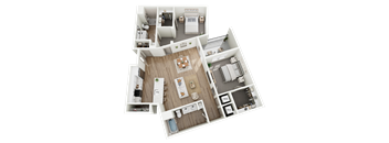 A 3D floor plan of a house with labeled rooms.