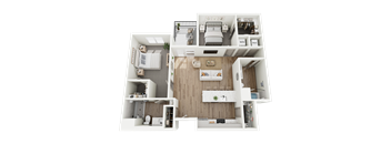 A 3D floor plan of a house with a living room, kitchen, and two bedrooms.