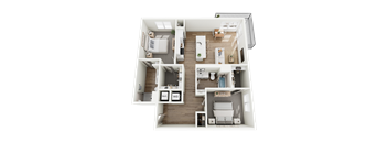 A 3D floor plan of a house with labeled rooms.