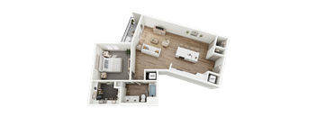 A 3D floor plan of a house showing a living room, kitchen, and bathroom.