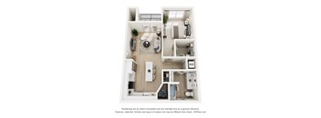 A 3D floor plan of a small apartment with a kitchen, living room, and bathroom.