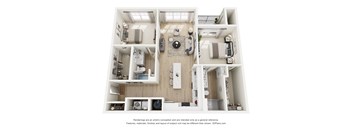 A 3D floor plan of a house with a kitchen, living room, and two bedrooms.