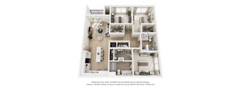 A 3D floor plan of a house with a kitchen, living room, and bedrooms.