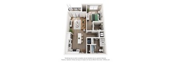 A 3D floor plan of a small apartment with a kitchen, living room, and bathroom.