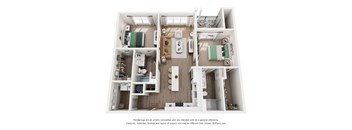 A 3D floor plan of a house with a kitchen, living room, and two bedrooms.
