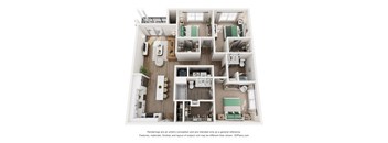 A 3D floor plan of a house with a kitchen, living room, and bedrooms.