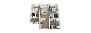 A 3D floor plan of a small apartment with a kitchen, living room, and bedrooms.