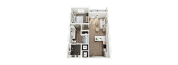 A 3D floor plan of a small apartment with a kitchen, living room, and bathroom.