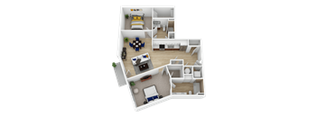 a 3d rendering of a floor plan with a bedroom and living room