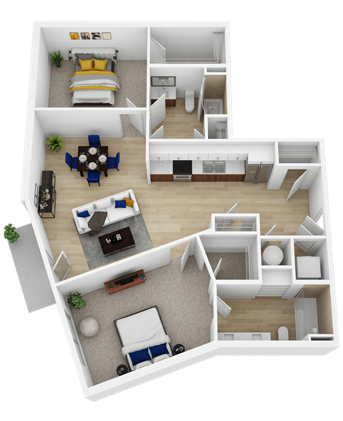 a 3d rendering of a floor plan with a bedroom and living room