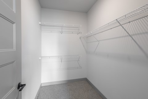 A white closet with a carpeted floor and a door on the left.