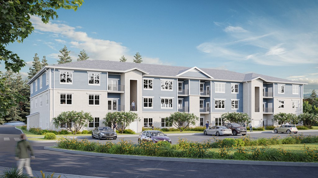a rendering of an apartment building with cars parked in front of it at Arlington Farms, Greenwood, IN 46143
