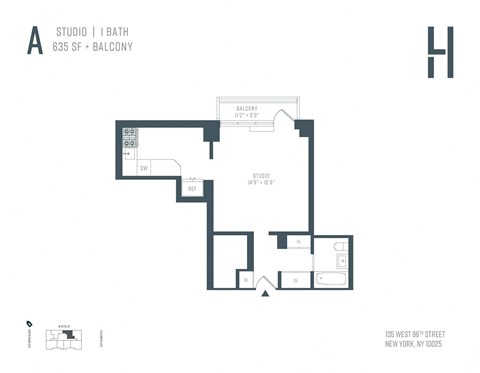A floor plan for a studio apartment with a bath and balcony.