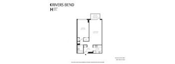 A floor plan for a Rivers Bend apartment shows a bedroom, living room, and kitchen.