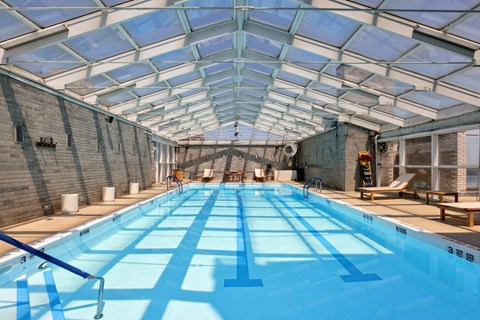 A large indoor swimming pool with a glass ceiling.