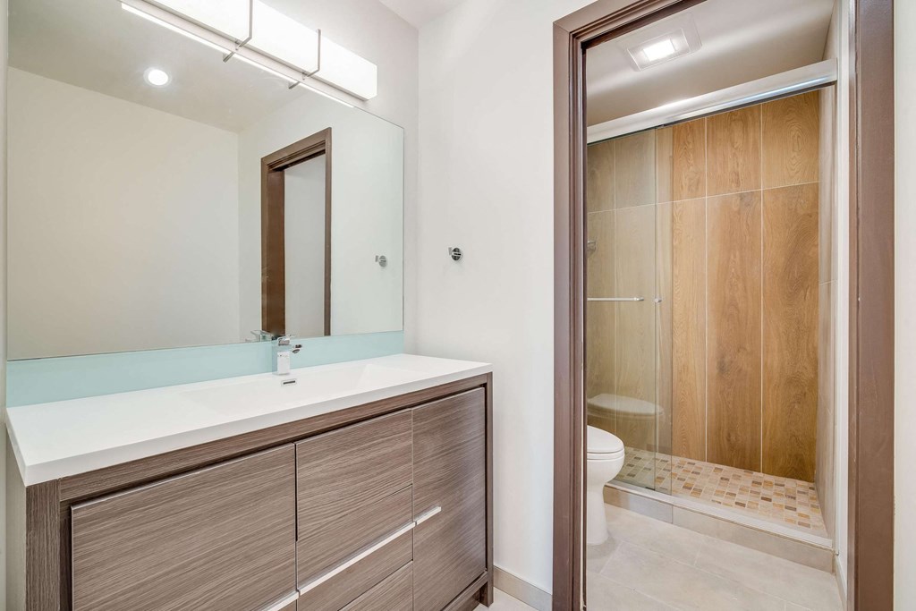 a bathroom with a shower and a sink and a mirror