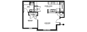 A black and white image of a floor plan for a small apartment.