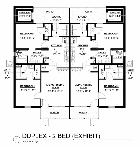 A floor plan for a duplex with two bedrooms.