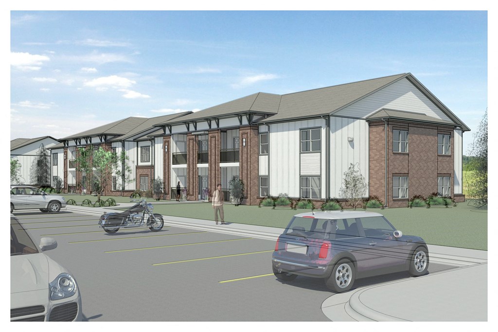 a rendering of a building with cars in a parking lot