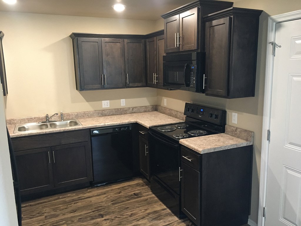 a kitchen with black cabinets and a stove and a sink