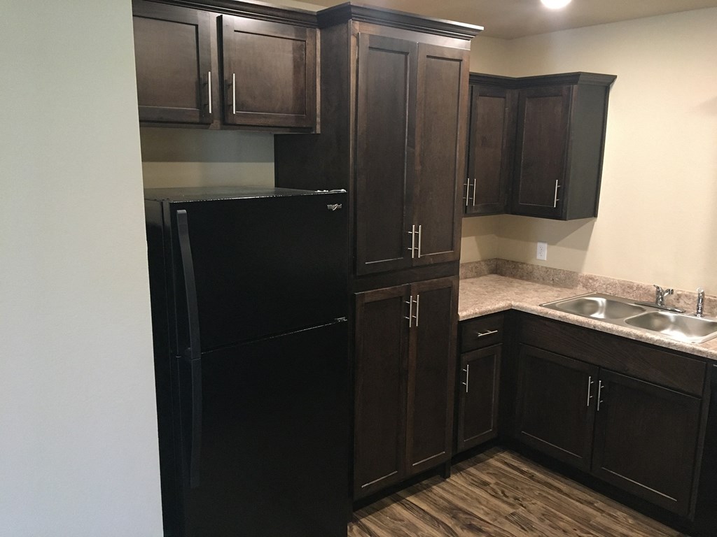 a kitchen with black cabinets and a stainless steel sink