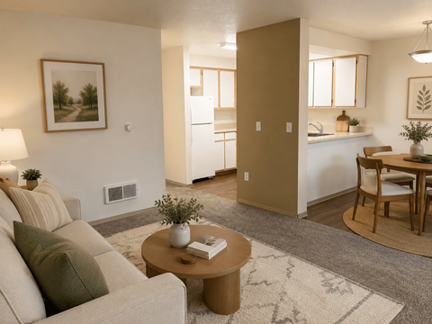 A living room with a couch, a coffee table, and a painting on the wall.