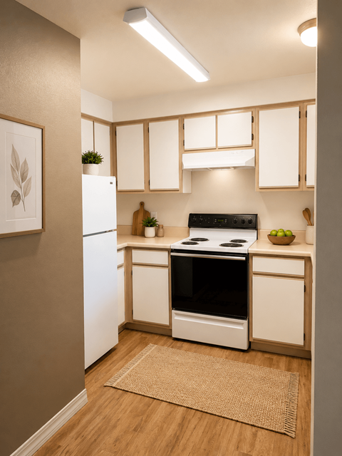 A kitchen with a white refrigerator and a black stove top oven.