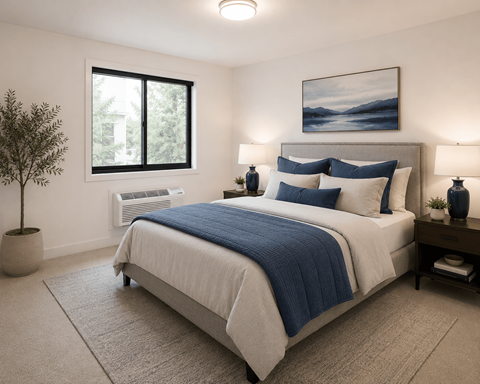A bedroom with a large bed and a painting on the wall.