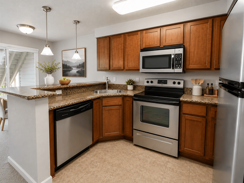 A kitchen with a black dishwasher and stove top oven.