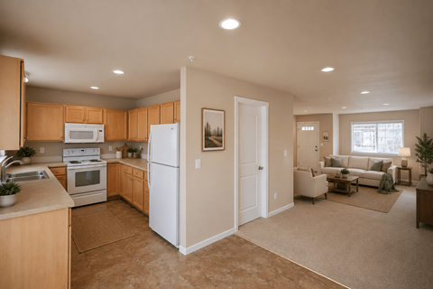 A kitchen with a white refrigerator and wooden cabinets.