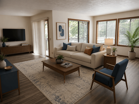 A living room with a white couch, a blue chair, and a wooden coffee table.