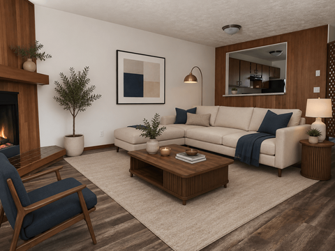 A living room with a fireplace, a couch, a chair, and a coffee table.