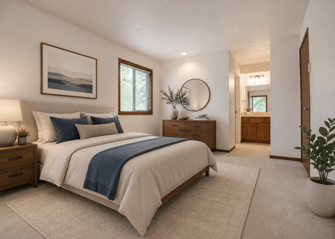 A bedroom with a large bed and a painting on the wall.