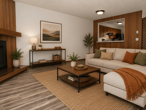 A living room with a white couch, a coffee table, and a painting on the wall.
