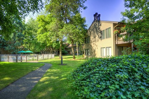 a walkway leading to a house with a yard and trees