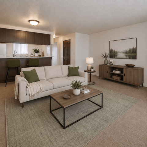 A living room with a white couch, a coffee table, and a painting on the wall.