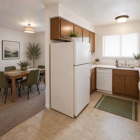 A kitchen with a white refrigerator and a dining table with chairs.