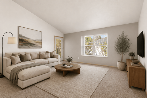 A living room with a couch, coffee table, and a painting on the wall.