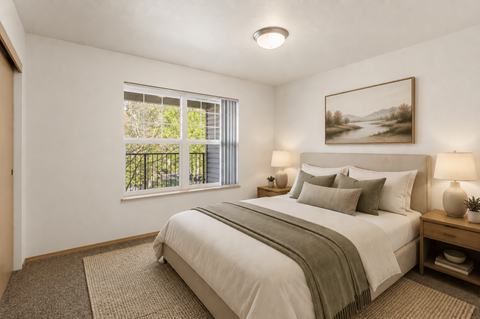A bedroom with a large bed and a painting on the wall.