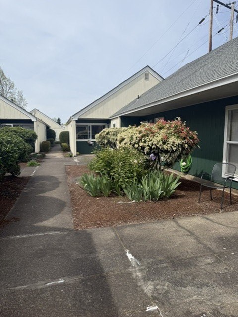 A green building with a white door and a bench in front of it.