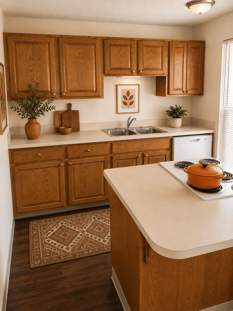 A kitchen with wooden cabinets and a white countertop.