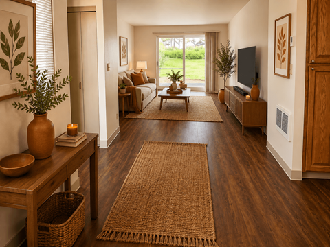 A living room with a brown rug and wooden furniture.