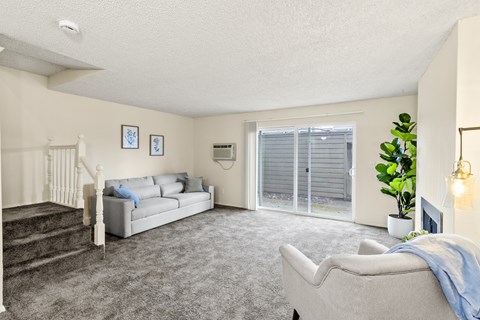 A living room with a grey sofa and a grey carpet.