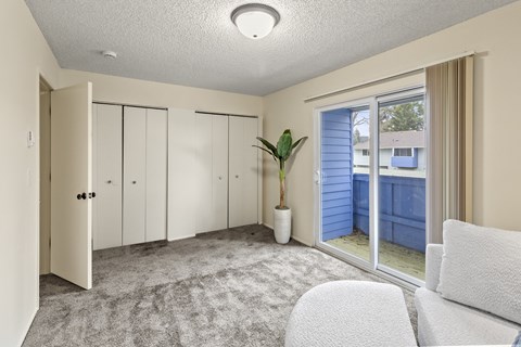 A room with a white couch, grey carpet, and a potted plant.
