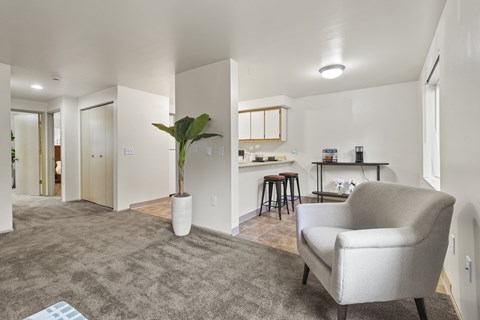 A living room with a grey carpet and a white chair.