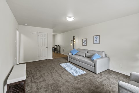 A living room with a grey couch and a grey carpet.