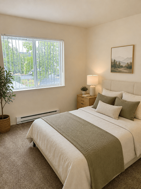 A bedroom with a large bed and a window with a view of trees.
