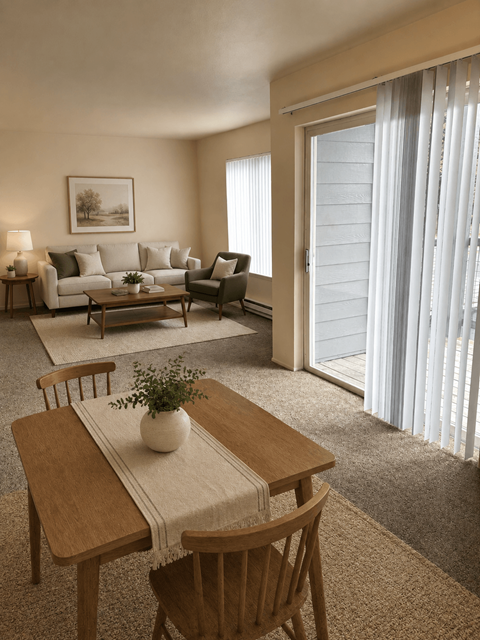 A living room with a dining table and chairs.