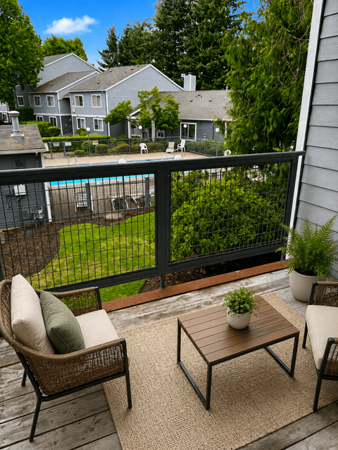 A patio with a chair, table and plants.